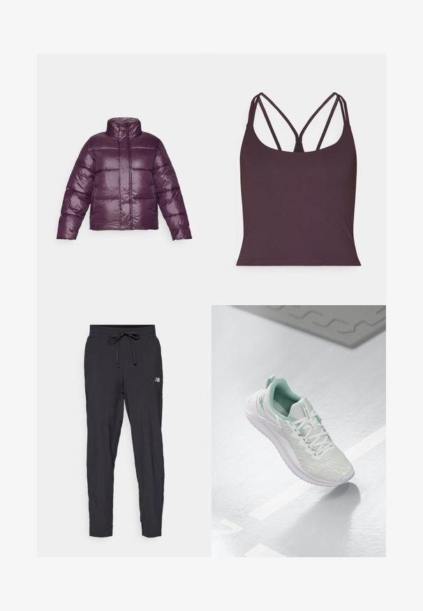 Jachetă pufosă purpurie cu guler înalt, design matlasat și finisaj lucios. Are mâneci lungi și o siluetă scurtă.; Top fără mâneci de culoare violet închis, realizat dintr-un material neted, cu bretele subțiri și de tip dublu și decolteu rotund. Cordon fără cusături la baza.; Pantaloni de antrenament negri, confecționați dintr-un material ușor, cu talie elastică și șnur ajustabil. Au un mic logo pe lateral.; Pantof de sport gri deschis, cu un material tricotat texturat, accente verde menta, șireturi albe, talpă din cauciuc și o bucată pentru tragere la călcâi.
