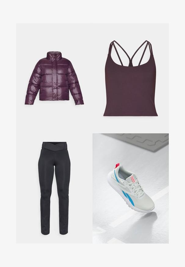 Violetti puffatakki, jossa on korkea kaulus, päällystekuosi ja kiiltävä pinta. Varustettu pitkillä hihoilla ja lyhyellä siluetilla.; Tumma violetti toppi, joka on valmistettu sileästä kankaasta ja jossa on ohuet kaksinkertaiset olkaimet sekä pyöreä kaula-aukko. Saumaton helma alhaalla.; Mustat korkea vyötärö leggingsit, joissa on ristikkäinen vyötäröosa ja saumaton slim fit -leikkaus, suunniteltu harjoitteluun tai rentoon käyttöön.; Valkoinen ja sininen Reebok-nilkkuri, jossa on punainen lenkki, leijuu kiiltävän lattian yllä, vieressä harmaa kumimatto.