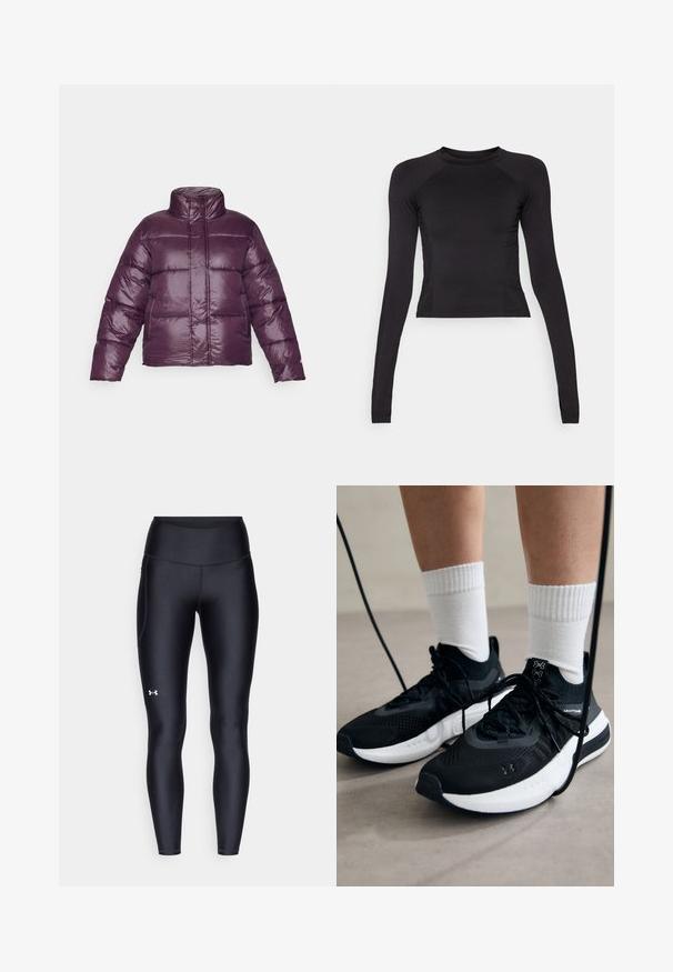 Jachetă pufosă purpurie cu guler înalt, design matlasat și finisaj lucios. Are mâneci lungi și o siluetă scurtă.; Crop top negru cu mânecă lungă, realizat dintr-un material elastic, având un gât rotund și mâneci raglan cu detalii subtile la cusături.; Colanți negri dintr-un material neted și elastic, cu un brâu înalt. Prezentând un logo alb pe cuartul stâng și un design ajustat.; Căști atletice negre cu țesătură texturată, talpă albă și șireturi negre. Purtați cu șosete albe cu riflaje, stând pe o suprafață deschisă.