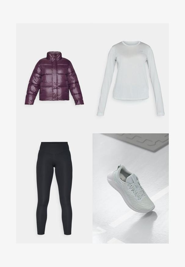 Doudoune violette avec un col haut, un design matelassé et une finition brillante. Elle a des manches longues et une silhouette courte.; Chemise en mesh à manches longues, de couleur gris clair, avec un col rond, présentant un motif texturé subtil et un petit logo sur la poitrine.; Leggings noirs en tissu extensible, dotés d'une taille haute, d'une texture lisse et d'un ajustement serré. Pas de motifs visibles ni de matériel.; Chaussure de sport gris clair avec un dessus en maille texturée, un design à lacets, une semelle rembourrée et un minimum de détails de marque.