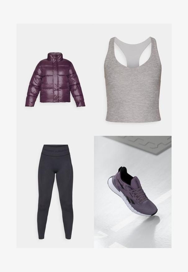 Lilla pufferjakke med høy krage, kviltet design og blank finish. Har lange ermer og en kortet silhuett.; Grå, ermeløs crop-top med vid rund halslinning og utskåret rygg. Laget av mykt og elastisk stoff med en jevn tekstur.; Sorte tights med høy elastisk liv med teksten "UNDER ARMOUR". Glatt tekstur med subtile mønsteraccents langs beina.; Lilla atletisk sko med pustende mesh-overdel, svarte detaljer og en hvit fleksibel såle med markerte riller for bedre grep.
