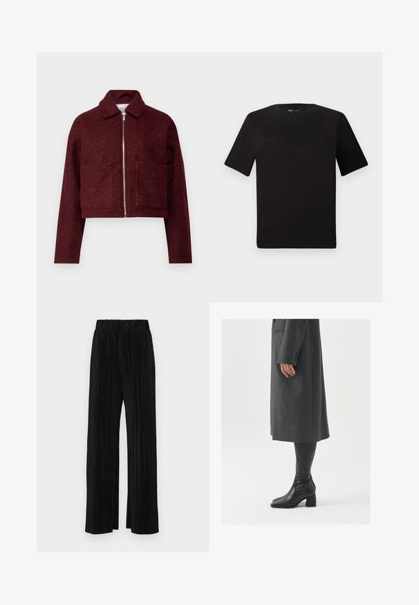 VILA VIJADAS - Viegla jaka - cabernet; Melnas īsām piedurknēm T-krekls ar apaļu kakla izgriezumu, izgatavots no mīksta kokvilnas auduma. Vienkāršs dizains, bez redzamām logo vai rakstiem.; Melni plīšu bikses ar elastīgu jostu. Tām ir platākas kājas un gluda, teksturēta auduma ar vertikālām svītrām.; Pelēks, pielāgots mētelis ar taisnu griezumu; kombinēts ar melniem ādas zābakiem līdz ceļiem, kuriem ir kvadrāta formas purngals un masīla dūre.