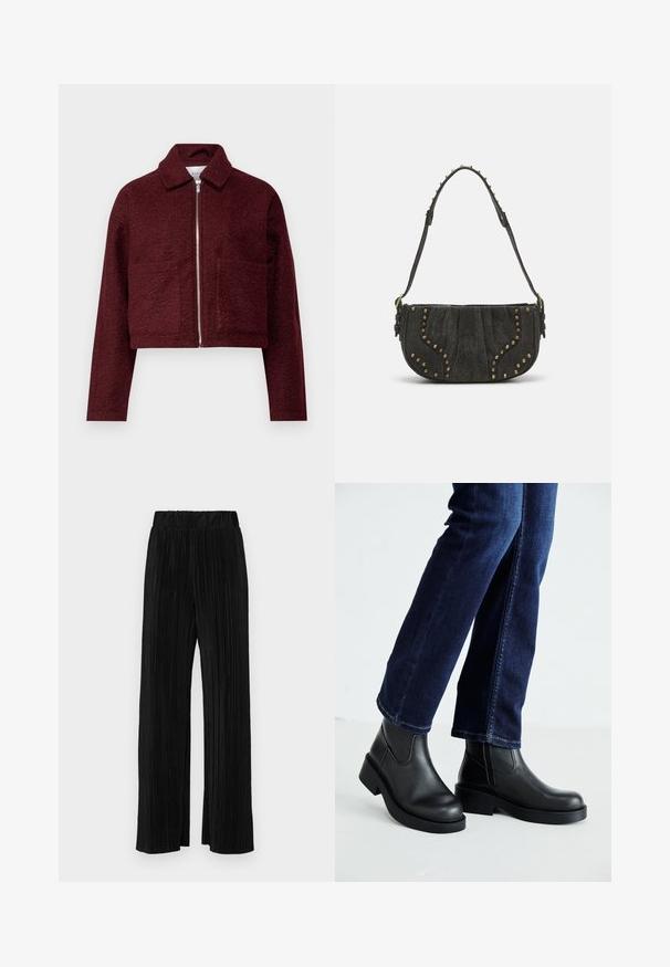 VILA VIJADAS - Lahka jakna - cabernet; Komplet treh majic s kratkimi rokavi v črni, sivi in beli barvi. Izdelane iz bombaža, z okroglim izrezom in preprostim, enobarvnim dizajnom.; Črne plisirane hlače z elastičnim pasom. Imajo široke noge in gladko, teksturirano tkanino z navpičnimi črtami.; Črne usnjene gležnjarje z debelim podplatom in stranskimi elastičnimi paneli, v kombinaciji s temno modrimi kavbojkami. Tla so svetle barve.; Črna semiš torbica s ukrivljeno zasnovo, opremljena z nitnimi poudarki in teksturirano površino. Nastavljiv trak z zakovicami vzdolž roba.