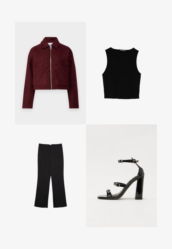 VILA VIJADAS - Välikausitakki - cabernet; Musta hihaton crop-top, joka on valmistettu sileästä kankaasta, jossa on pyöreä kaula-aukko ja siisti, yksinkertainen muotoilu ilman kuvioita tai varusteita.; Mustat housut suoralinjaisella leikkauksella, joissa on etutaskut ja sivurei'ät helman alla. Valmistettu pehmeästä ja sileästä kankaasta. Sopii eri tilaisuuksiin.; Musta kiiltävä korkokenkä sandaalit neliönmuotoisella varpaalla, nilkkaremmillä ja hopeisilla soljilla. Varustettu tukevalla lohkokorkealla vakauden takaamiseksi.