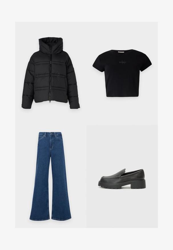 Sort dunjakke med høj krave, lynlås og vandret syninger. Materialet ser skinnende og isoleret ud.; Sort, ribbet kortærmet crop top lavet af blødt materiale, med et diskret Calvin Klein-logo i midten. Simpelt, klassisk design.; Blå denim flared jeans med høj talje, der har fem lommer, lukning med knap og kontrastsyninger på sømmene.; Sorte læder loafers med rund tå, tyk tekstureret sål og minimale syninger. Elegant design uden synlige snørebånd eller hardware.