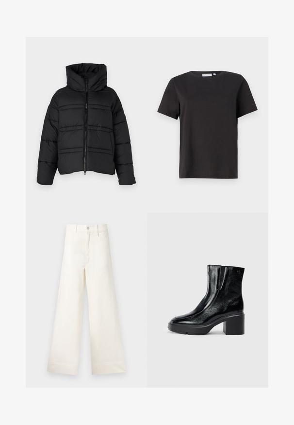 Giacca a vento nera con collo alto, chiusura con zip e cuciture orizzontali. Il materiale sembra lucido e isolante.; Maglietta nera in cotone a maniche corte, con scollatura a girocollo e un design semplice e pulito. Nessun motivo o decorazione visibile.; Pantaloni a gamba larga in cotone beige chiaro. Caratterizzati da vita alta, tasche anteriori e un taglio dritto. Orlo pulito senza motivi.; Stivali alla caviglia in pelle verniciata nera con punta curva, pannelli laterali elasticizzati e tacco robusto. Presentano un logo impresso sul retro.