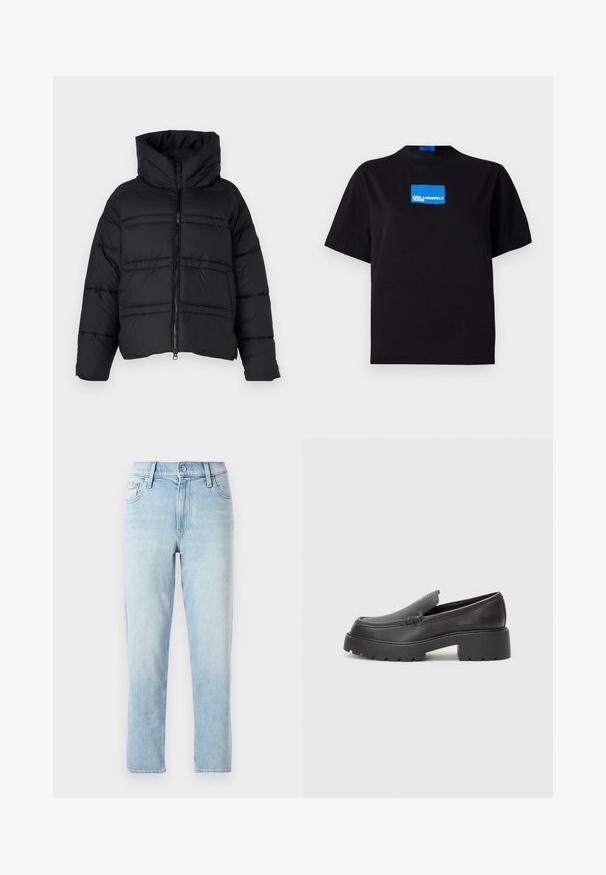 Zwarte pufferjack met een hoge kraag, ritsluiting en horizontale stiksels. Het materiaal lijkt glanzend en geïsoleerd.; Zwarte katoenen t-shirt met ronde hals, voorzien van een blauwe rechthoekige grafische logo met de tekst "KARL LAGERFELD JEANS" aan de voorkant.; Lichtblauwe denim jeans, recht gesneden design, middelhoog taille, met vijf-vaks stijl en een knoopsluiting aan de voorkant.; Zwarte leren instappers met een ronde neus, dikke getextureerde zool en minimale stikseldetails. Strak ontwerp zonder zichtbare veters of hardware.
