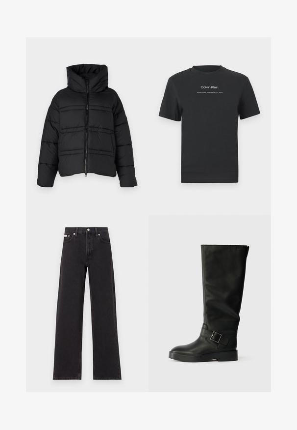 Mustat puhallettavat takki, jossa on korkea kaulus, vetoketjukiinnitys ja vaakasaumat. Materiaali näyttää kiiltävältä ja eristetyltä.; Musta puuvillainen T-paita, jossa on pyöreä pääntie, lyhyet hihat ja valkoinen painettu "Calvin Klein" -logo sekä "Established 1968" -teksti.; Mustat leveälahkeiset farkut, jotka on valmistettu denimistä, korkeavyötäröinen malli, viisi taskua, metallinappi sulkemiseen ja kontrastivärinen ompelu.; Mustan, sileän nahkan polven yli yltävät saappaat, joissa on pyöristetty kärki, paksu pohja ja vaakasuora hihna suorakulmion muotoisella soljella.