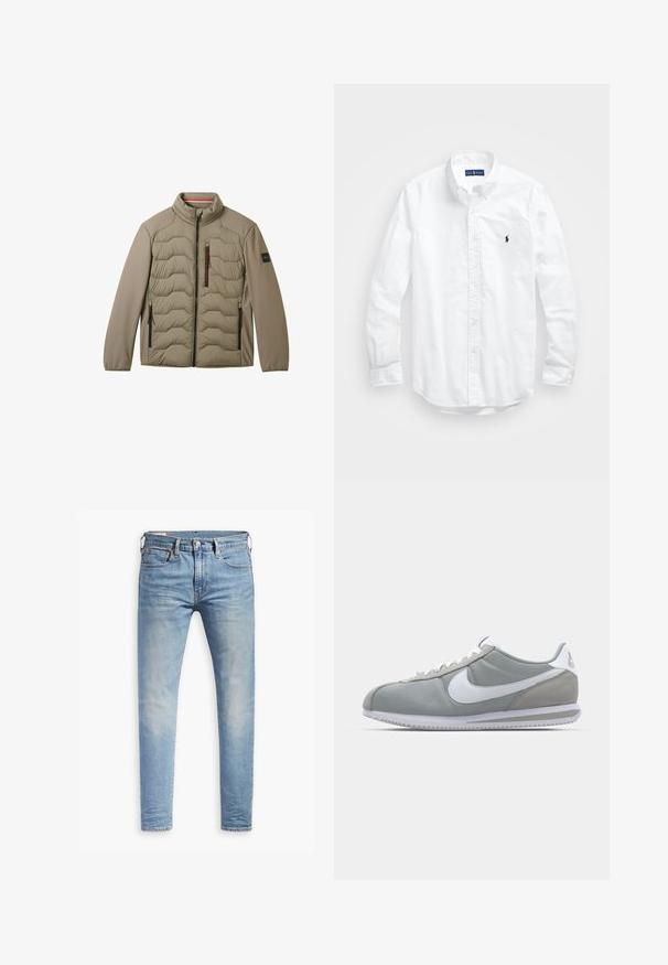 Kaki jakna s prešitm sprednjim delom, gladkimi rokavi, visokim ovratnikom in dvema žepoma na zadrgo, ki ima kontrastne rdeče poudarke na zadrgah.; Bela dolg rokav srajca s gumbi iz bombaža. Ima klasičen ovratnik, gumbnice na zapestjih in majhen temno moder vezen logotip na prsih.; Svetlo modri oprijeti džins s blagim bledenjem na stegnenicah, sprednji gumbasti zapenjač, zanke za pas in pet žepov na belem ozadju.; Sive tenisice za šport z zgornjim delom iz semiša in tekstila, belim Nike swooshom in belimi vezalkami. Imajo strukturirano gumijasto podplat in oblazinjen ovratnik.