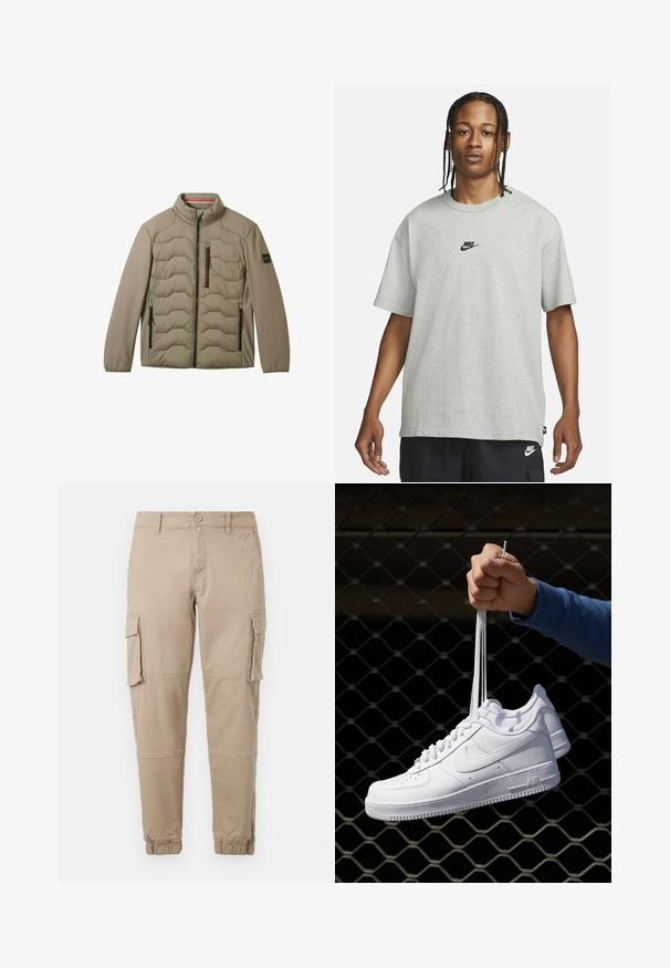 Khaaki kurtka z pikowanym przodem, gładkimi rękawami, wysokim kołnierzem i dwoma kieszeniami na zamek, z kontrastującymi czerwonymi akcentami na zamkach.; Młoda osoba z warkoczami, ubrana w jasnoszary t-shirt Nike i czarne spodenki Nike, na jednolitym białym tle.; Beżowe spodnie cargo z lekkiego materiału bawełnianego. Posiadają elastyczne mankiety, wiele bocznych kieszeni oraz zapięcie na guzik.; Białe skórzane sneakersy z perforacjami, okrągłym noskiem, płaską podeszwą i grubymi sznurówkami, z widocznym logo swoosh i napisem „AIR” na pięcie.