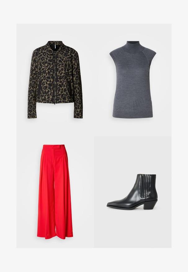 Izgriezta, ar rāvējslēdzēju aizdaram, jaka olīvu zaļā un melnā leopardu rakstā. Iespējas klasiskā apkakle un sānu kabatas ar melniem akcentiem.; Pelēks bez piedurknēm turtlenecks tops, cieši pieguloša silueta, ribota tekstūra, gluda auduma, ar augstu kaklu un stilīgiem plecu izgriezumiem.; Sarkani platie bikses, izgatavotas no gluda auduma, ar priekšējām krokām, plakanu jostu un pieguļošu piegriezumu. Dizains uzsver plūstošu siluetu.; Melnas ādas potītes zābaki ar izsistu purngali, elastīgām sānu paneļiem ar vertikālām grodām un zemu bloku papēdi. Gluda tekstūra un elegants dizains.