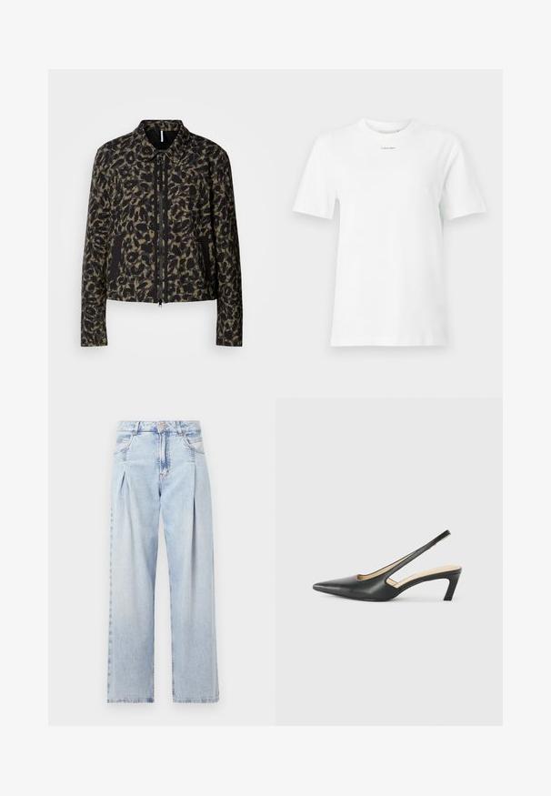 Korte, het-rits-jack in een olijfgroen en zwart luipaardprint ontwerp. Heeft een klassieke kraag en zijzakken met zwarte accenten.; Een witte katoenen t-shirt met een ronde hals, korte mouwen en een klein zwart "Calvin Klein" logo op de borst. Eenvoudig ontwerp, geen patronen.; Lichtblauwe denim jeans met een hoge taille, wijde pijpen, twee zijzakken en geplooid ontwerp. Zachte textuur met een vervaagd uiterlijk.; Zwarte puntige slingback schoen met een lage hak, gemaakt van soepel leer en voorzien van een uitsnede aan de zijkant voor ventilatie.