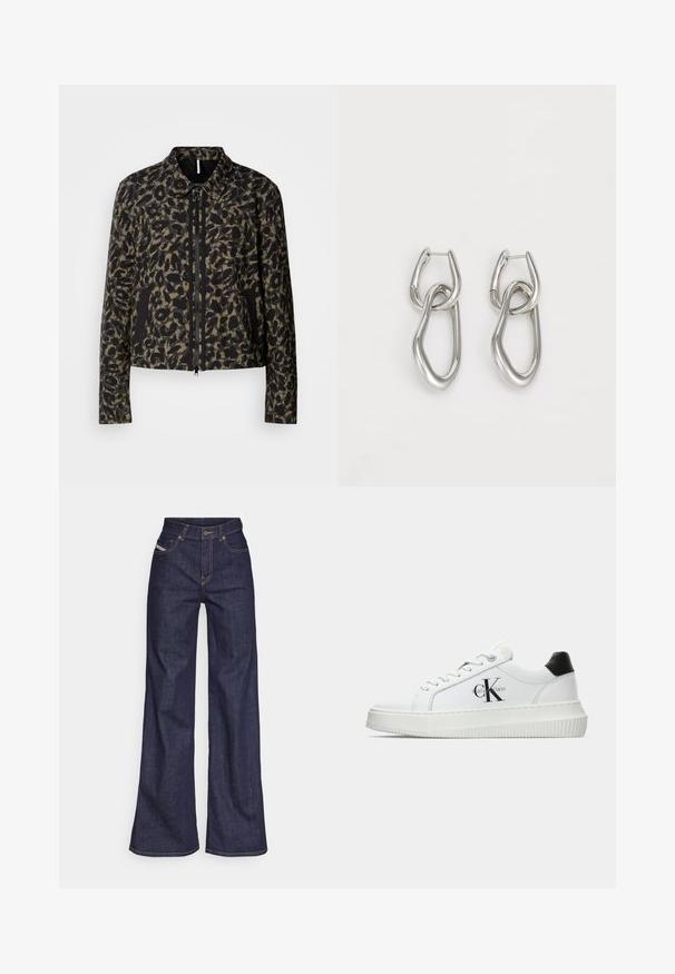 Zúžená, na zips uzatvárateľná bunda v olivovo zelenej farbe s čiernym leopardím vzorom. Má klasický golier a bočné vrecká s čiernymi akcentmi.; Biely krátky rukávový tričko vyrobené z bavlny. Má okrúhly výstrih a hladkú textúru, s minimálnym švom viditeľným na leme.; Tmavomodré široké džínsy z denimu s vysokým pásom, zdobené oranžovým šitím, päť vreckovým dizajnom a zapínaním na gombík.; Biele nízke tenisky s čiernym pätkovým dielom, platformovou podrážkou, šnúrkami a logom "CK" značky Calvin Klein na boku.; Calvin Klein STATEMENT LINKS - Náušnice - silver-coloured