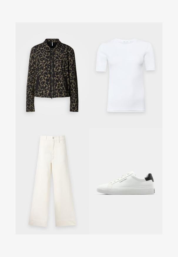 Veste zippée raccourcie en imprimé léopard vert olive et noir. Comprend un col classique et des poches latérales avec des accents noirs.; T-shirt blanc à manches courtes en coton. Il présente un col rond et une texture lisse, avec des coutures minimales visibles à l'ourlet.; Pantalons large en coton beige clair. Dotés d'une taille haute, de poches latérales et d'une coupe droite. Finition ourlet propre sans motifs.; Sneaker blanche avec une finition lisse, accent noir au talon et design à lacets. Présente le logo "Calvin Klein" sur le côté. Style minimaliste.
