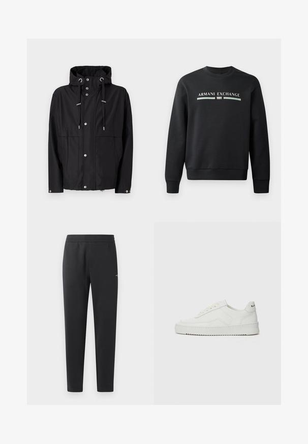 Veste noire imperméable avec capuche, boutons-pression à l'avant, cordons ajustables et deux grandes poches latérales. Texture de tissu lisse.; Sweat-shirt noir en tissu doux. Possède un col rond et des manches longues. L'avant affiche "ARMANI EXCHANGE" et "1991" dans des couleurs contrastantes.; Pantalons de jogging noirs en tissu doux, dotés d'une taille élastique, de jambes droites et d'un petit logo sur le côté.; Baskets en cuir blanc avec une finition lisse, bout arrondi, lacets plats et semelle texturée. Présente un logo discret sur le talon.