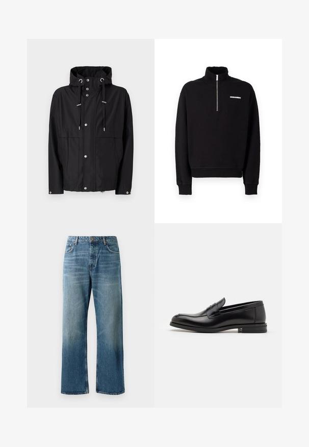 Mustat vedenpitävät takki, jossa on huppu, etupainikkeet, säädettävät nyörit ja kaksi suurta sivutaskua. Sileä kankaan tekstuuri.; Mustat vetoketjulliset hupparit, jotka on valmistettu puuvillasekoitteesta. Niissä on korkea kaulus, pitkät hihat ja etupuolella logo.; Vaaleansiniset leveät farkut haalistuneella pesulla, joissa on nappisulku, viisi taskua ja erottuva tikkaus.; Mustat nahkakengät, joissa on sileä pinta, pyöreä kärki ja koristeellinen nauha jalkapöydän yli. Matala pinoitu koroke, minimalistinen muotoilu.