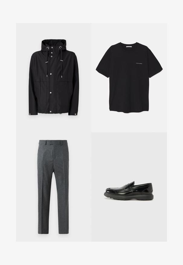 Melna ūdensnecaurlaidīga jaka ar kapuci, priekšējām pogām, regulējamiem auklām un divām lielām sānu kabatām. Gluda auduma tekstūra.; Melnas kokvilnas T-krekls ar apaļu kaklu, īsām piedurknēm un baltu logotipa uzdruku kreisajā krūtī. Vienkāršs, vienkrāsains dizains.; Pelēki piegriezti bikses ar smalku rūtotas formas rakstu, taisnas kāju dizainu un gludu auduma tekstūru. Tajās ir jostas cilpas un rāvējslēdzēja aizdare.; Melnas ādas loafers ar spīdīgu apdari, noapaļota pirksta forma, smalkas šuvju detaļas un bieza gumijas zole ilgstošai lietošanai.