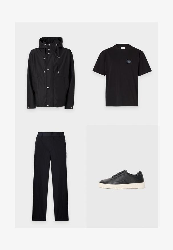 Fekete vízálló dzseki kapucnival, elülső patentgombokkal, állítható zsinórokkal és két nagy oldalsó zsebbel. Simább anyagtextúra.; Fekete pamut póló kerek nyakkal és rövid ujjakkal. Bal mellen egy kis kék logó található. Egyszerű, egyenes szabású dizájn.; Fekete nadrág könnyű, textúrált anyagból, egyenes szárú kialakítással, rugalmas derékpánttal és oldalsó cipzáras zsebekkel.; Fekete bőr sportcipő textúrázott felülettel, kerek orral és lapos fehér gumitalppal. Fekete fűzőkkel és márkázással a sarkán.
