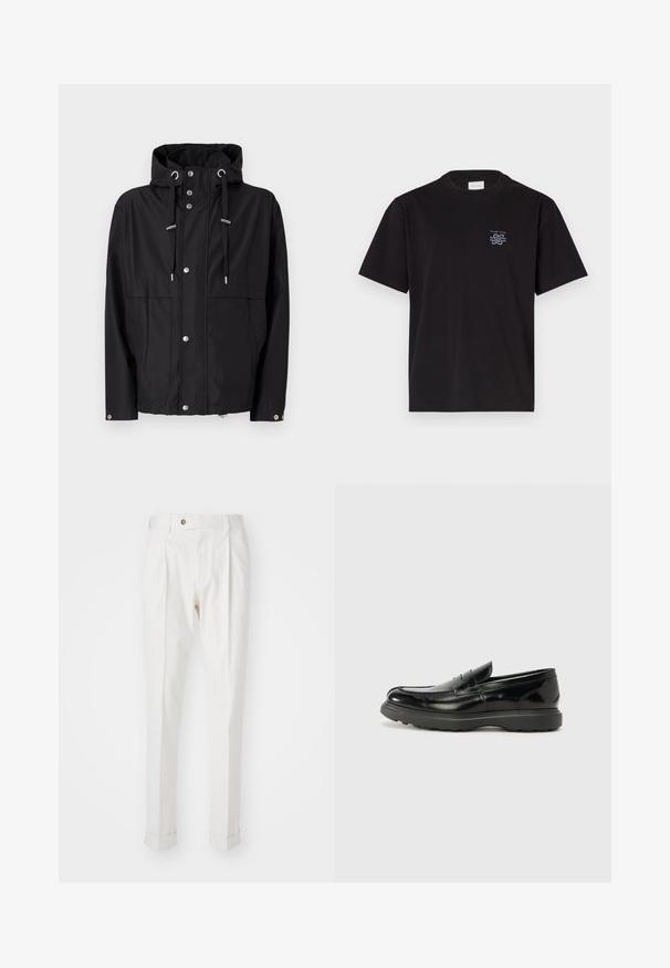 Juodas vandeniui atsparus švarkas su kapišonu, priekyje su spaudėmis, reguliuojamais raišteliais ir dviem dideliais šonais kišenėmis. Lygi audinio tekstūra.; Juodas medvilninis marškinėliai su apvalia kaklo iškirpte ir trumpomis rankovėmis. Yra mažas mėlynas logotipas ant kairiojo krūtinės. Paprastas, tiesus kirpimas.; Baltos, pritaikytos kelnės su lygiu priekiu, dviem raukšlėmis ir prisuktomis rankovėmis. Pagamintos iš lygios medžiagos, su mygtuku juosmenyje.; Juodas odinis loaferis su blizgiu paviršiumi, apvaliu pirštu, subtiliais siūlių detalėmis ir storu guminio pado, užtikrinančio ilgaamžiškumą.