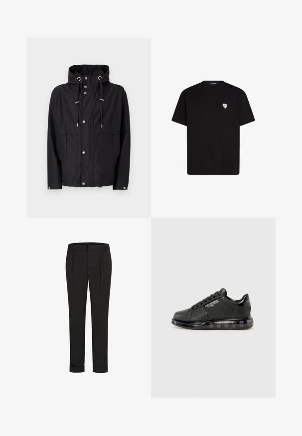 Veste noire imperméable avec capuche, boutons-pression à l'avant, cordons ajustables et deux grandes poches latérales. Texture de tissu lisse.; T-shirt en coton noir à manches courtes, col rond, avec un petit graphique de cœur blanc sur la zone de la poitrine gauche.; Pantalon noir avec une ceinture élastique, présentant une coupe droite et des ourlets retroussés. Fabriqué en tissu tissé lisse sans motifs.; Baskets noires avec tige en cuir lisse, bout arrondi et design à lacets. Présentent une semelle transparente et rembourrée avec un dégradé sombre.