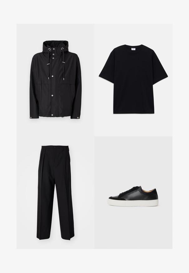 Svart vanntett jakke med hette, frontknapper, justerbare snorstramninger og to store sidelommer. Glatt stoffstruktur.; Svart oversized t-skjorte med kort erm og rund hals, med synlig Filippa K-merkelapp inne i kragen.; Sorte plissert bukser med en rett, bred benform. Laget av glatt stoff, med knappelukking og beltehemper.; Svart lærsneaker med semsket detaljer, rund tå, flat hvit gummisåle, og kontrasterende teksturer på kroppen og snørene.