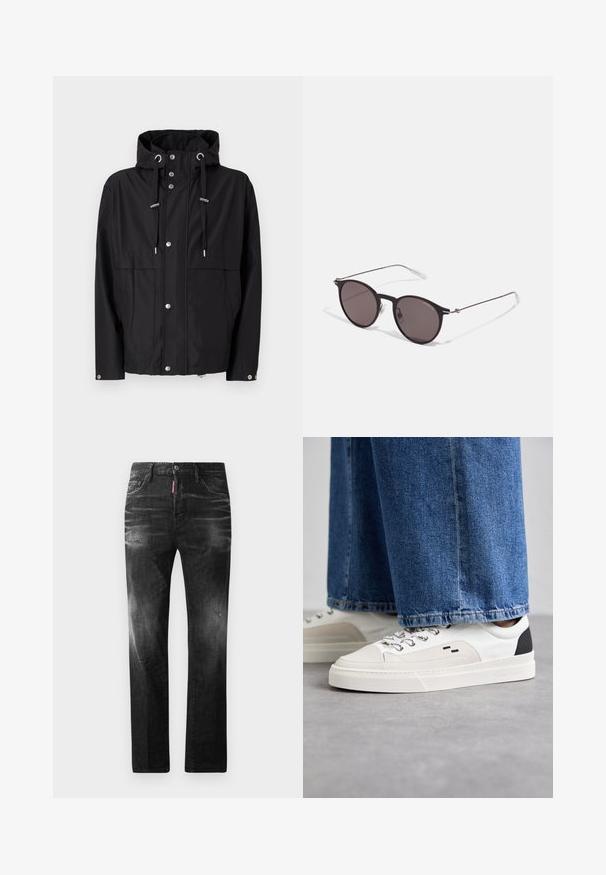 Mustat vedenpitävät takki, jossa on huppu, etupainikkeet, säädettävät nyörit ja kaksi suurta sivutaskua. Sileä kankaan tekstuuri.; Musta puuvillapaita, jossa on pyöreä kaula-aukko, lyhyet hihat ja valkoinen "EMPORIO ARMANI" -logo, jonka yläpuolella on kaarevassa muodossa "Milano".; Mustat denimfarkut suoralla istuvuudella. Ominaisuuksiin kuuluu haalistuneita alueita, pieniä kulumia, klassinen viiden taskun malli sekä nappisulku.; Valkoiset ja mustat tennarit, joissa on sileä nahkapäällinen, tekstuuriakcentit ja paksu valkoinen pohja. Varustettu klassisella nauhakiinnityksellä.; Musta pyöreä aurinkolasit tummilla linsseillä ja kapeilla metallikehyksillä. Sisältää kirkkaat temppelet ja hopeiset yksityiskohdat saranassa. Minimalistinen muotoilu.