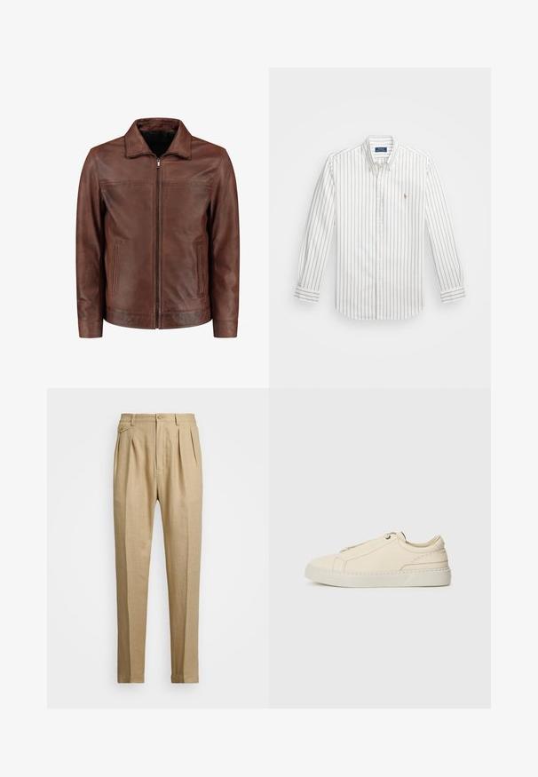 Brun læderjakke med lynlås foran, spids krave, to sidelommer og diskrete syninger. Glat tekstur og klassisk design.; Hvid skjorte med lysblå lodrette striber, lange ærmer, knaplukket krave og lille broderet logo på venstre bryst.; Beige linnedbukser med lige snit, prydet med to forkørsler, knaplukning og sidelommer. Struktureret stof med en glat overflade.; Beige lædersneaker med rund tå, minimalistisk design, diskrete syninger og en struktureret overflade, på en lys sål.