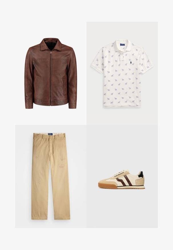Brun læderjakke med lynlås foran, spids krave, to sidelommer og diskrete syninger. Glat tekstur og klassisk design.; Hvid polo-shirt lavet af bomuld, med et gentaget blåt hundemønster og et lille blåt logo på brystet. Korte ærmer og krave.; Beige bomuldsbukser med lige skæring. Har slidte lapper og broderede detaljer på forsiden. Klassisk knap- og lynlås-lukning.; GANT BAYLLE - Sneakers - sand
