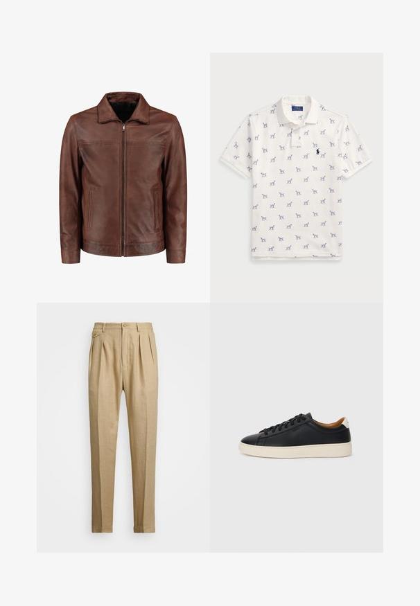 Brun læderjakke med lynlås foran, spids krave, to sidelommer og diskrete syninger. Glat tekstur og klassisk design.; Hvid polo-shirt lavet af bomuld, med et gentaget blåt hundemønster og et lille blåt logo på brystet. Korte ærmer og krave.; Beige linnedbukser med lige snit, prydet med to forkørsler, knaplukning og sidelommer. Struktureret stof med en glat overflade.; Sorte lædersneakers med en glat overflade, beige gummisål, snørebåndsdesign og en kontrastfarvet hæl.