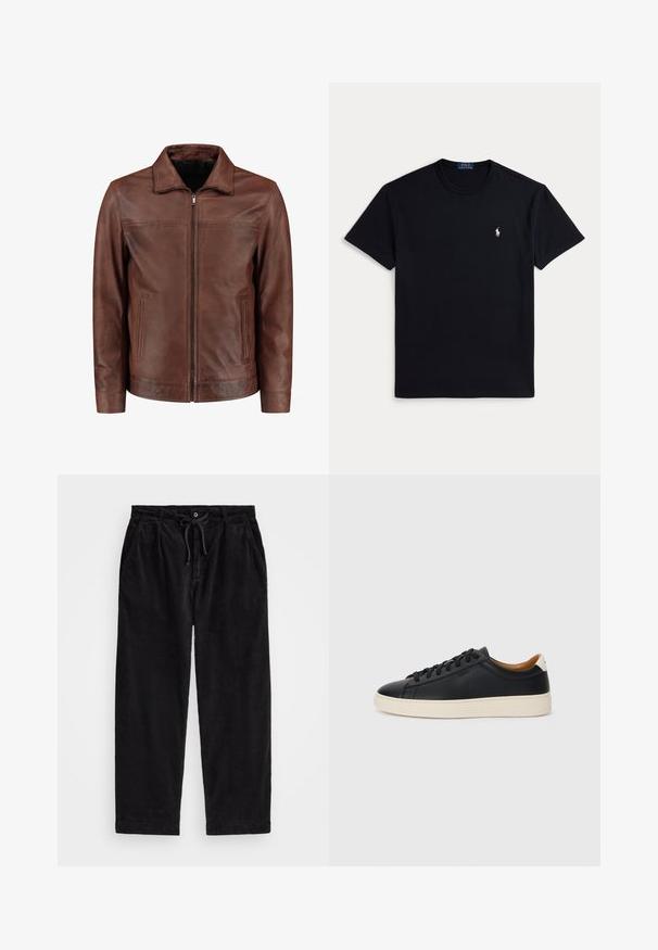 Brown leather jacket with a zip front, pointed collar, two side pockets, and subtle stitching details. Smooth texture and classic design.; Black cotton t-shirt featuring a crew neckline, short sleeves, and a small embroidered logo on the left chest. Smooth texture.; Black corduroy pants with a relaxed fit, featuring an elastic waistband with a drawstring, and side pockets. Fabric shows ribbed texture.; Black leather sneakers with a smooth texture, beige rubber sole, lace-up design, and a contrasting heel accent.