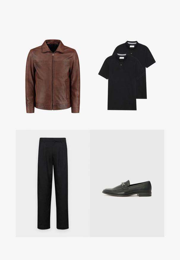 Braune Lederjacke mit Reißverschluss, spitzem Kragen, zwei seitlichen Taschen und subtilem Stitching. Glatte Textur und klassisches Design.; Zwei schwarze Polohemden, kurzärmlig, aus Baumwolle, mit einem klassischen Kragen, zwei Knöpfen und weißen Streifenakzenten im Inneren des Kragens.; Schwarze Hose aus glattem Stoff, mit geradem Bein Design, zwei vorderen Falten und einem Standardbund mit Gürtelschlaufen.; Schwarzer Lederloafer mit glatter Oberfläche, ausgestattet mit einer gesteppten Gestaltung und einem dekorativen Metallkettendetail über dem Vorderblatt. Flacher Absatz.