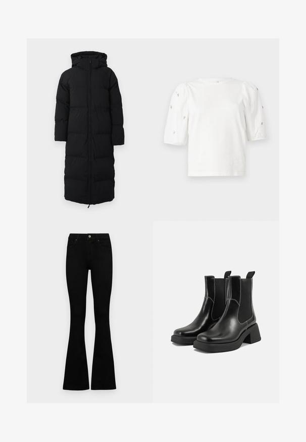 Casaco acolchoado longo preto com capuz, apresentando fecho de zip, design capitonado e bolsos laterais. Feito de material isolante e resistente à água.; T-shirt branca de algodão com mangas puff curtas, apresentando pequenos embellissements prateados ao longo das mangas. Decote redondo clássico, corte descontraído.; Jeans pretos de cintura alta com fecho de botão e zíper, bolsos frontais e pernas largas dispostos em cima de um fundo branco.; Botas Chelsea em couro preto com um salto grosso, painéis laterais elásticos e costura branca em contraste. Acabamento texturizado.