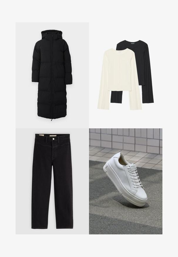 Dlhý čierny páperový kabát s kapucňou, s rozopínaním na zips, prešívaným dizajnom a bočnými vreckami. Vyrobený z izolačného, vodoodolného materiálu.; Súprava dvoch dlhých rukávov v bielej a čiernej farbe. Žebrovaná textúra, okrúhly výstrih, priliehavý strih s mierne rozšírenými rukávmi.; Čierne džínsy so striktným strihom, vyrobené z denimu. Obsahujú predné vrecká, zapínanie na gombík a kontrastný šev.; Biele kožené tenisky s nízkym strihom, plochými šnúrkami, zaoblenou špicou a textúrovanými stranami. Hrubá gumová podrážka s jemnými akcentmi.