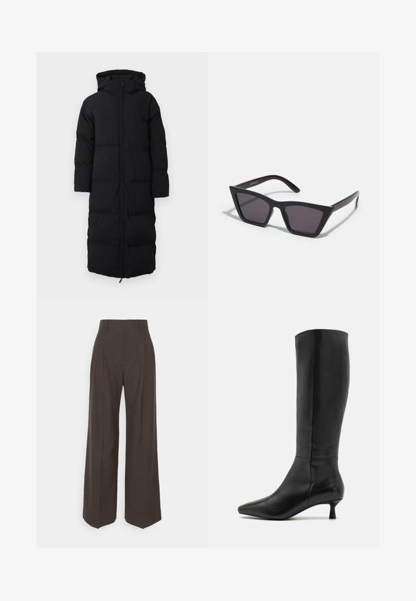Dlouhý černý péřový kabát s kapucí, s zipovým zapínáním, prošívaným vzorem a bočními kapsami. Vyrobeno z izolačního, voděodolného materiálu.; Dlouhé černé tričko z měkké látky, s širokým výstřihem a mírně volným střihem, bez viditelných vzorů nebo kovových detailů.; Tmavě hnědé kalhoty s širokými nohavicemi a vysokým pasem, s elegantně vyžehlenými puky, hladkou texturou a přesným střihem.; Zign Vysoká obuv - black; Černé, ostré sluneční brýle s šedými skly; vyrobené z plastu, s mohutnými rameny a hladkým povrchem bez viditelného hardwaru.