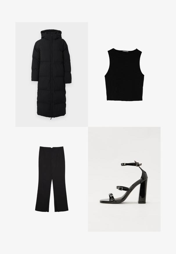 Lang sort dunjakke med hætte, der har lynlås lukning, quiltet design og sidelommer. Fremstillet af isoleret, vandafvisende materiale.; Sort ærmeløs crop top lavet af glat stof, med rund hals og et rent, enkelt design uden mønstre eller hardware.; Sorte bukser med lige pasform, der har frontlommer og slidser i kanten. Lavet af blødt, glat stof. Velegnet til forskellige anledninger.; Sorte patenterede hælsandaler med firkantet tå, ankelremme og sølvspænder. Har en chunky blokHæl for stabilitet.