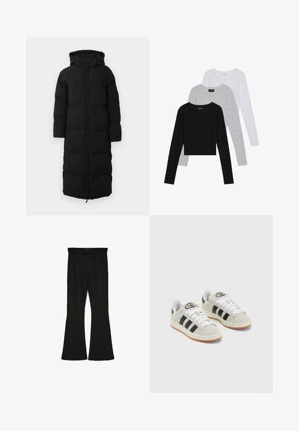 Garšs melns puferis ar kapuci, ar rāvējslēdzēju, quilted dizainu un sānu kabatām. Izgatavots no izolējoša, ūdensizturīga materiāla.; Trīs garām piedurknēm veidotas augšdaļas, sakrautās: melna, pelēka un balta. Katram ir noapaļots kakla izgriezums un īsa dizaina forma ar gludu, vieglu audumu.; Melnas flared leggings, kas izgatavotas no stiepjama auduma. Iezīmējas ar platu jostasvietu un gludu tekstūru, ar pieguļošu siluetu, kas paplašinās pie apakšmalas.; Pelēkas zamšādas kedas ar baltām saites, melnām svītrām un baltu gumijas zoli. Raksturīga apļa logo uz mēles un gumijas zole.