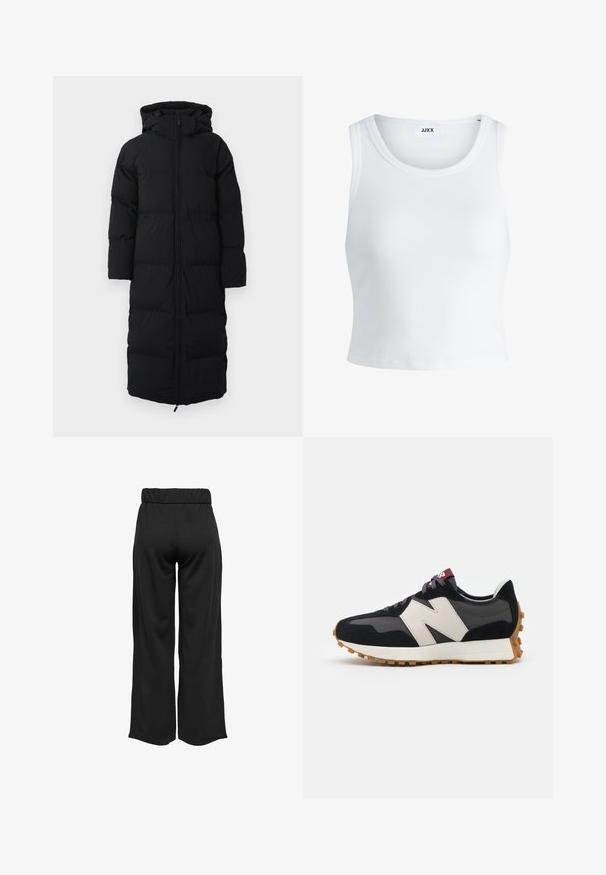 Pikk must puffer-kate kapuutsiga, millel on tõmblukk, tikandikoeline disain ja küljetaskud. Valmistatud soojust hoidvast, veekindlast materjalist.; Valge ribakujuline tank top, millel on ümmargune kaelus, varrukateta disain ja lühike pikkus. Silt ütleb "JJXX." Sile kangast tekstuur.; Mustad, laiad püksid elastse vöökohtaga, valmistatud siledast kangast. Omab lihtsat disaini, ilma taskute või nähtavate õmbluste detailideta.; Mustmust ja halli nubukist tennisajal on suur kreemjas "N" logo, lilla paelad ja tekstureeritud kummist välispohja.