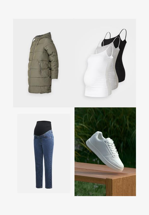 Alkūnės žalios pūkinės striukės su gobtuvu, ilgomis rankovėmis, priekiniu užtrauktuku ir dviem šoninėmis užtrauktukinėmis kišenėmis. Tekstūruotas audinys su lygiu paviršiumi.; Trys nėštumo marškiniai be rankovių – balti, pilki ir juodi. Tampri medžiaga su reguliuojamomis petnešėlėmis ir susiraukšlėjusiomis šoninėmis siūlėmis, užtikrinančiomis komfortą.; Nėštumo džinsai su mėlynos džinsinės medžiagos kojomis ir juodu elastingu pilvo skydeliu, skirtu palaikyti ir uždengti augantį pilvuką.; Balti sneakeriai su lygia sintetine viršutine dalimi, perforuota pirštų zona, plokščiomis raištelėmis ir tekstūruotu padu, padėti ant medinės paviršiaus.