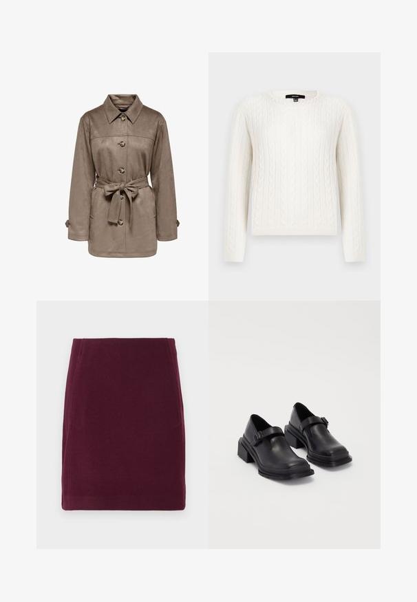 Brun ruskindjakke med krave, frontknapper og bælte i taljen. Har to sidelommer og opstillede manchetter. Blød tekstur, afslappet design.; Hvid kabelstrikket sweater med lange ærmer, rund halsudskæring og en dekorativ perleaccent ved kraven. Blød tekstur og tætsiddende design.; Vero Moda VMFORTUNALLISON SHORT - A-snit nederdel - winetasting; Sorte lædersko med rund tå, flad sål og en rem med spænde detaljer. Chunky blokhæl for øget stabilitet.