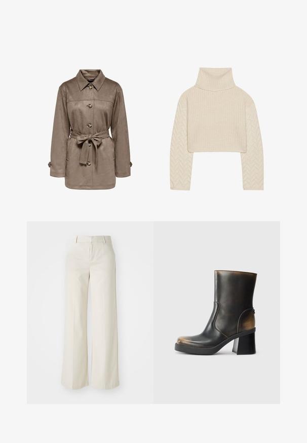 Brązowa zamszowa kurtka z kołnierzem, zapięciem na guziki z przodu i paskiem w talii. Posiada dwie boczne kieszenie i podwinięte mankiety. Miękka faktura, casualowy design.; Kremowy krótki sweter z wysokim dekoltem, teksturowanym korpusem i rękawami w wzór rybiej ości. Wykonany z miękkiego materiału włócznianego.; Spodnie o szerokich nogawkach w jasnobeżowym kolorze, wykonane z gładkiego materiału. Posiadają klasyczny pas i płaski przód z czystymi liniami.; Czarne skórzane botki za kostkę z połyskiem, okrągłym noskiem, kontrastującymi brązowymi akcentami, blokowym obcasem oraz detalem w postaci zamka błyskawicznego z boku.