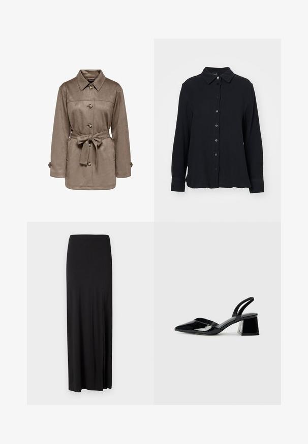 Giacca in suede marrone con colletto, bottoni frontali e vita con cintura. Presenta due tasche laterali e maniche arrotolate. Tessuto morbido, design casual.; Gina Tricot Camicia - black; Gonna maxi nera realizzata in materiale morbido ed elastico. Presenta una fessura laterale e un design semplice e lineare senza decorazioni.; Décolleté in vernice nera con punta affusolata e tacco in geometria cubica. Presentano un design elegante e minimalista, con una texture liscia.