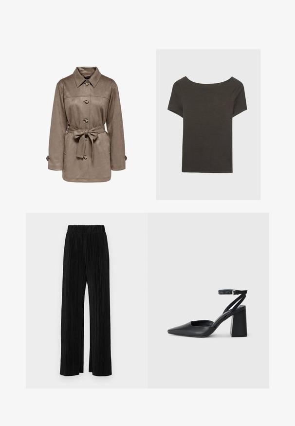 Ruskea mokkajakku, jossa on kaulus, etupainikkeet ja vyöllinen vyötärö. Sisältää kaksi sivutaskua ja käännetyt hihat. Pehmeä rakenne, rento muotoilu.; Tummanharmaa lyhythihainen paita, jossa on venepääntie. Valmistettu ribbikankaasta, jossa on rento istuvuus ja siisti helmaviimeistely. Yksinkertainen muotoilu, ilman kuvioita.; Mustat pleatatut housut, joissa on joustava vyötärö. Ominaisuuksiin kuuluvat leveät lahkeet ja sileä, teksturoitu kangas, jossa on pystysuoria raitoja.; Mustat nahkakengät, joissa on kapea kärki, nilkkaremmi ja paksu korko. Tasainen pinta, tyylikäs muotoilu ja minimalistinen estetiikka.