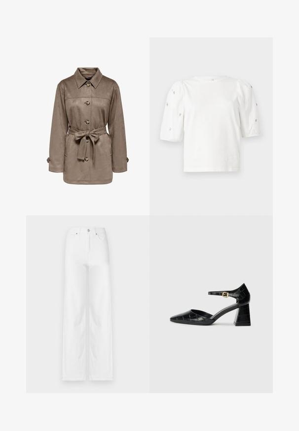 Veste en daim marron avec un col, des boutons sur le devant et une taille ceinturée. Dispose de deux poches latérales et de manchettes roulées. Texture douce, design décontracté.; T-shirt en coton blanc à manches courtes bouffantes, avec de petites embellissements en argent le long des manches. Encolure arrondie classique, coupe décontractée.; Jean en denim blanc à jambes larges, avec une fermeture à bouton avant, des passants de ceinture et quatre poches, présentant une texture propre et lisse.; Chaussure à talons hauts en cuir verni noir avec un bout pointu, une bride de cheville et un motif crocodile texturé. Design de talon carré.