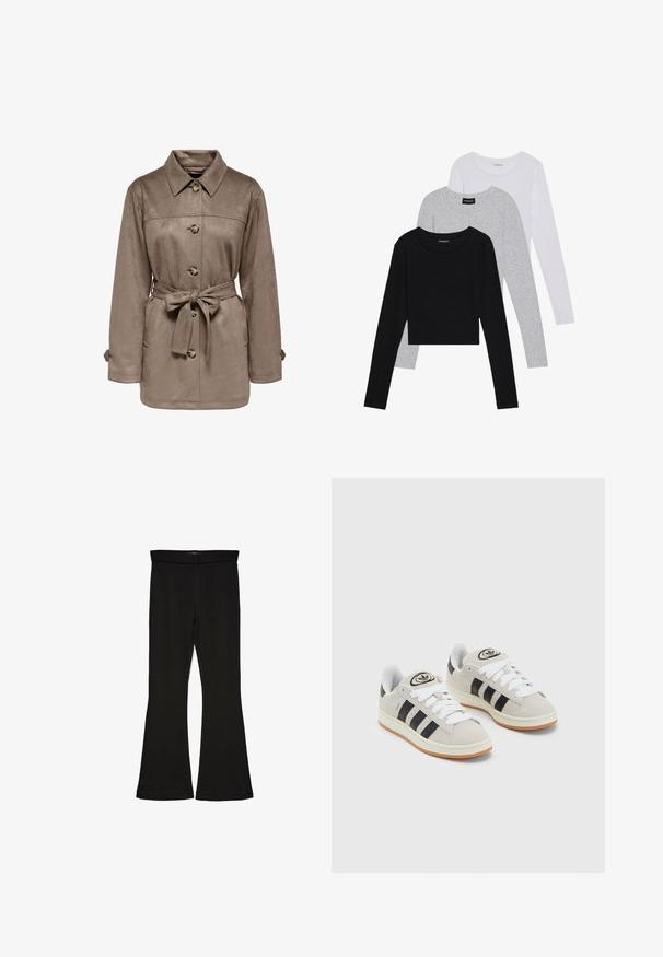 Brūns zamšādas žakets ar apkakli, priekšējiem pogām un jostu vidukļa rajonā. Iespējo divas sānu kabatas un sarullētas piedurknes. Mīksta tekstūra, ikdienas dizains.; Trīs garām piedurknēm veidotas augšdaļas, sakrautās: melna, pelēka un balta. Katram ir noapaļots kakla izgriezums un īsa dizaina forma ar gludu, vieglu audumu.; Melnas flared leggings, kas izgatavotas no stiepjama auduma. Iezīmējas ar platu jostasvietu un gludu tekstūru, ar pieguļošu siluetu, kas paplašinās pie apakšmalas.; Pelēkas zamšādas kedas ar baltām saites, melnām svītrām un baltu gumijas zoli. Raksturīga apļa logo uz mēles un gumijas zole.