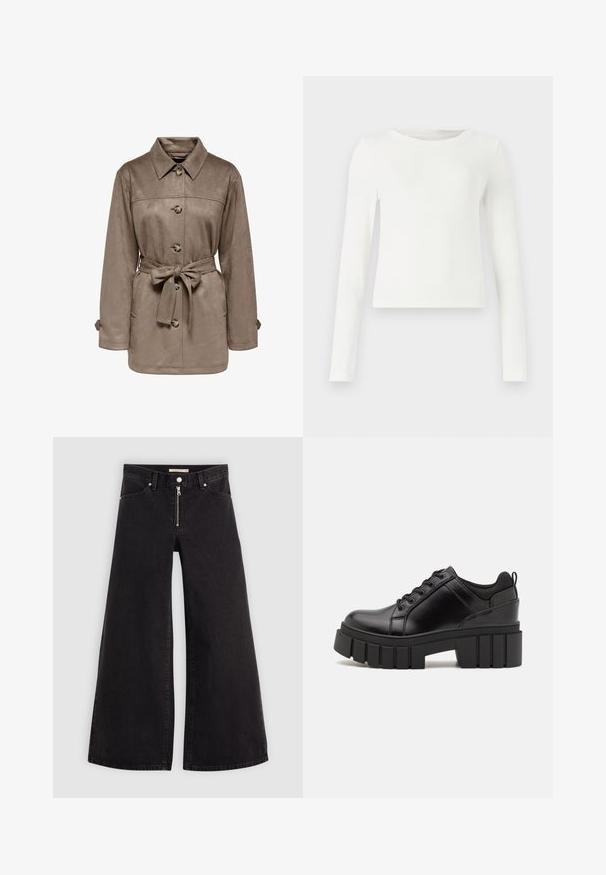 Brown suede jacket with a collar, front buttons, and a belted waist. Features two side pockets and rolled cuffs. Soft texture, casual design.; White long-sleeve ribbed top with a crew neck. Smooth texture, fitted design, and no visible patterns or accents. Simple and minimalist style.; Wide-leg jeans in black denim with a zippered front, five-pocket design, and subtle stitching details. Smooth texture and casual style.; Black leather platform shoes with a chunky block heel, round toe, and traditional lace-up design. Features smooth texture and minimal detailing.