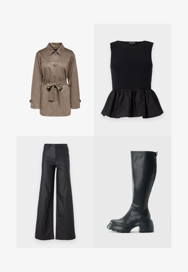 Veste en daim marron avec un col, des boutons sur le devant et une taille ceinturée. Dispose de deux poches latérales et de manchettes roulées. Texture douce, design décontracté.; Top noir sans manches avec une section supérieure côtelée et une basque évasée et froncée. Texture lisse avec une couleur unie sur l'ensemble.; Pantalons larges noirs en simili cuir. Dotés d'une taille haute, de passants de ceinture, de deux poches avant et de détails cousus.; Botte en cuir noir haute avec semelle plateforme épaisse et talon carré, dotée d'une languette et d'un motif texturé sur la semelle extérieure.