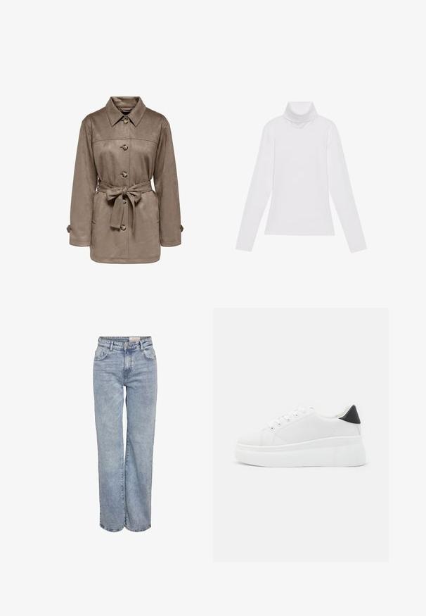 Brun mockasinjacka med krage, frampanelknappar och bälte i midjan. Har två sidofickor och rullade ärmar. Mjuk textur, avslappnad design.; Vit långärmad polotröja gjord av ett smidigt, stretchigt material. Har en hög krage och åtsittande design, utan synliga mönster eller dekorationer.; Ljusblå vida jeans i denim med hög midja, femficksdesign och subtila blekningar för en använd look.; Vita plattformssneakers gjorda av slät syntetiskt material, med rund tå, snörningsdesign och en texturerad gummisula. Svart hälaccent.