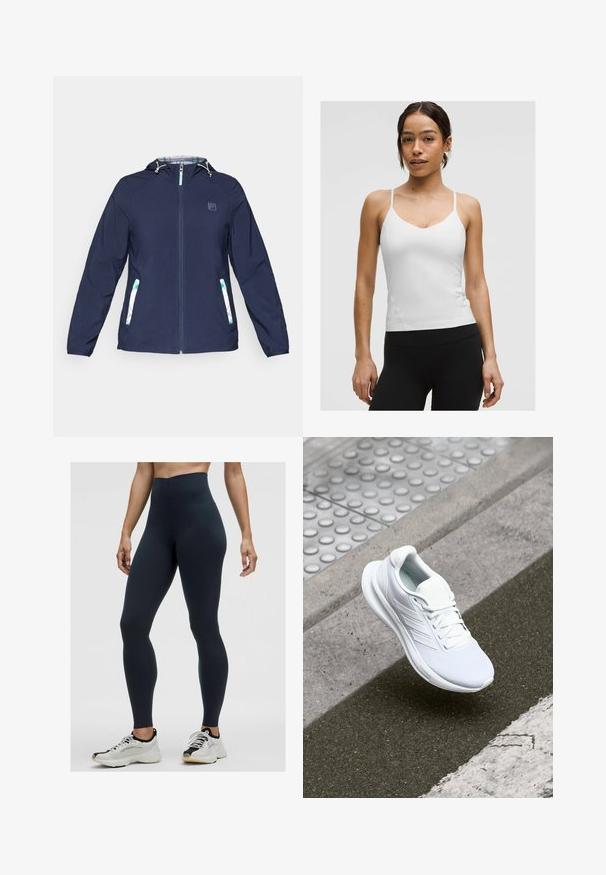 Mornarsko plava jakna s kapuljačom, prednjim zatvaračem, elastičnim manžetama i dva bočna džepa s naglasima u bijeloj i zelenoj kariranoj šabloni.; Bijela majica bez rukava s tankim trakama, dekolte u obliku slova V i prilagodljiv siluet. Glatka tekstura, minimalne detalje, nosi se uz crne tajice.; Visoke mornarske tajice izrađene od rastezljivog materijala, s glatkom teksturom i pripijenim dizajnom. Nosene uz bijele i crne sportske tenisice.; Bijela atletska cipela s mrežastim gornjim dijelom, vezanjem i teksturiranom potplatom. Neprimjetni brend i detalji bešavne izrade su vidljivi.