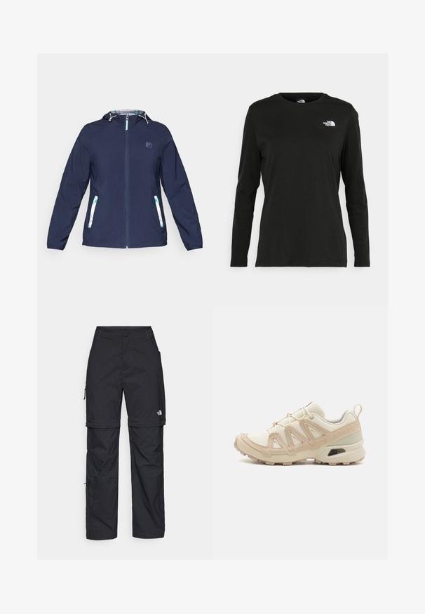 Mørkeblå hettejakke med glidelås foran, elastiske mansjetter og to sidelommer med hvite og grønne ruter.; Svart langermet T-skjorte laget av bomull med rund hals. Har en liten hvit logo på venstre brystområde. Enkelt design og passform.; Svarte nylon cargo-bukser med glidelås og justerbare mansjetter, flere lommer og en logo på høyre bein. Glatt, lett tekstur.; Beige og krem joggesko med teksturert mesh-overdel, støttende overlegg og gummisåle med et mønster for godt grep.
