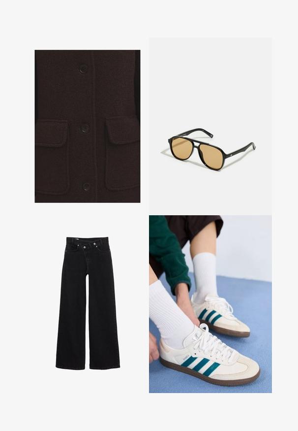 Tmavohnedý vlnený kabát s textúrovaným povrchom, štyrmi čiernymi gombíkmi a dvoma prednými náprsnými vreckami so šitými okrajmi.; Krémový pletený sveter s okrúhlym výstrihom, rebrovanými manžetami a lemom. Mäkká textúra s mierne voľným strihom, s jednoduchým a čistým dizajnom.; Čierne riflové nohavice s vysokým pásom, širokými nohavicami, prednými vreckami, pútkami na opasok a zapínaním na dvojité gombíky.; Biele športové topánky s teal prúžkami, textúrovaným zvrškom a hnedými gumovými podrážkami. Spárované s bielymi rebrovanými ponožkami.; Čierne slnečné okuliare s hnedými farebnými šošovkami; obdĺžnikový tvar s hrubým rámom, vrátane jemných kovových akcentov na stranách.